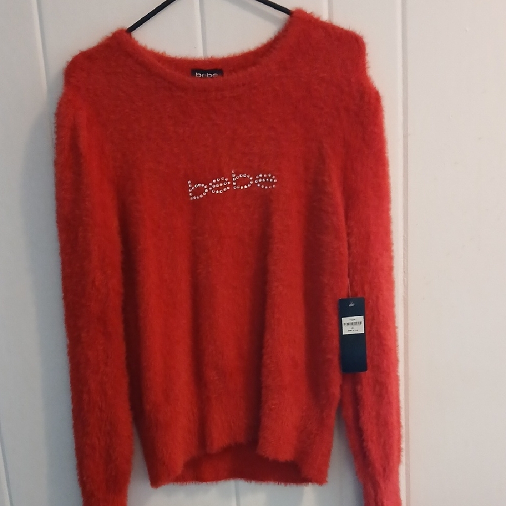 Bebe Red Fuzzy Crew Neck Sweater - Picture 1 of 4